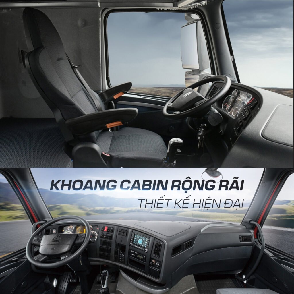 Khoang lái T7H với ghế treo khí nén, vô lăng đa chức năng và màn hình AVN 7 inch.