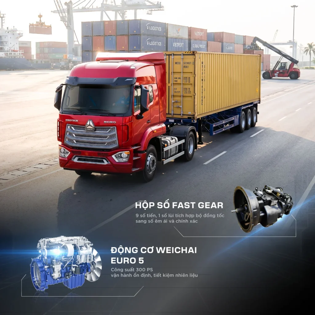 SINOTRUK NX 4x2: cabin nóc cao tối ưu khí động học, giảm lực cản gió trên đường trường.